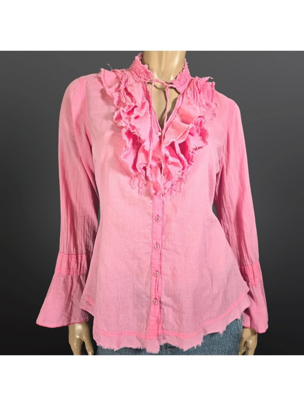 Y2K Ruffled Bell sleeve Blouse Size S Bubblegum Pink Cotton Shaggy Distressed